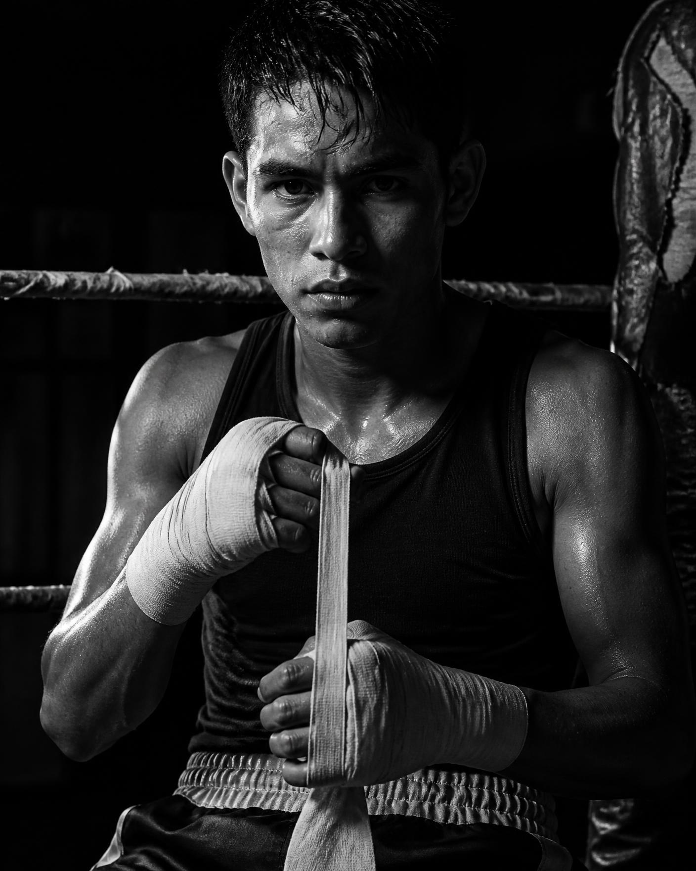 Boxeador amateur vendándose las manos antes de una función